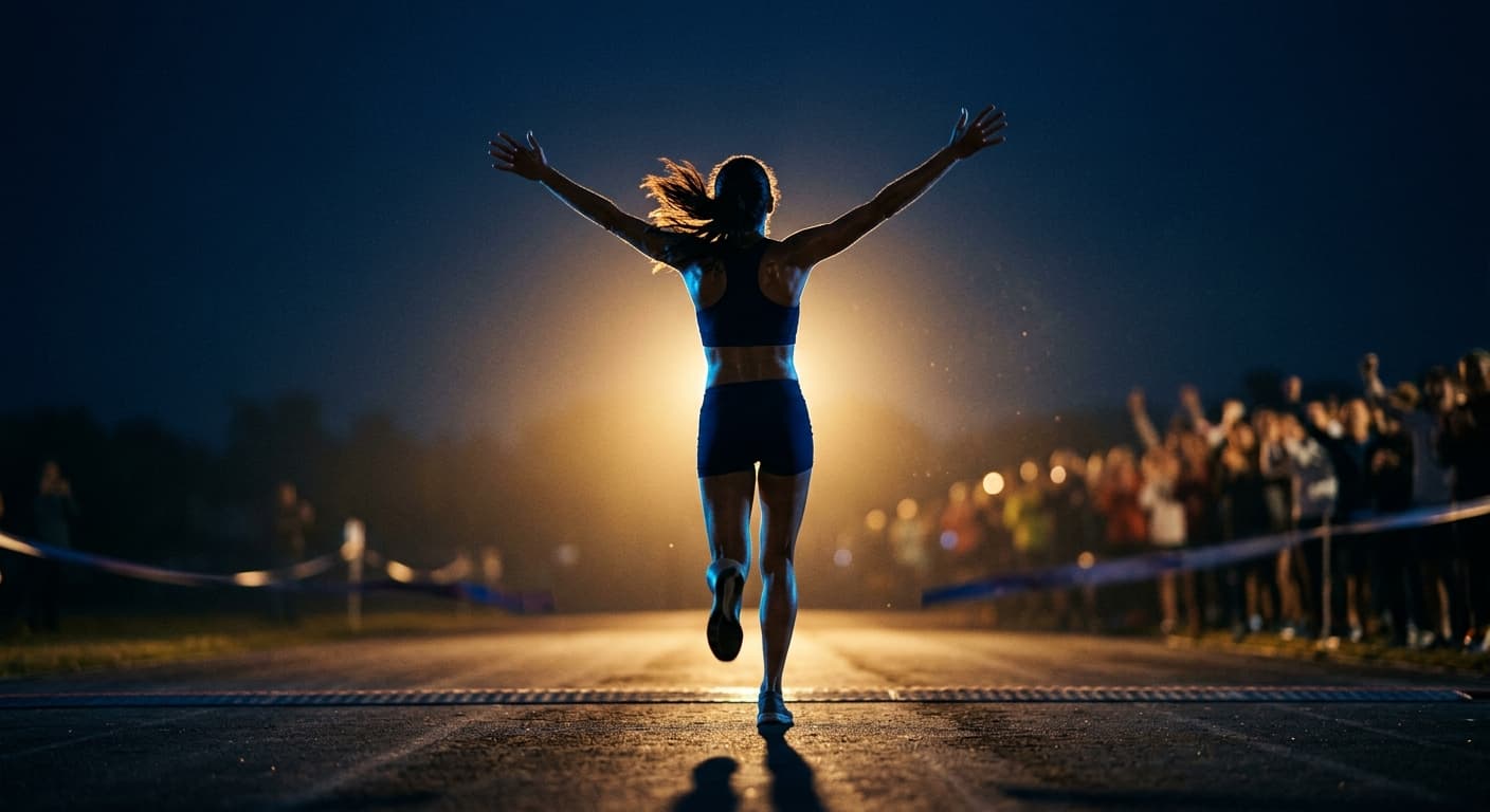 A finish-line moment, arms raised, backlit at dawn