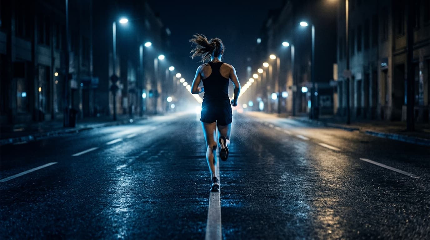 A runner mid-stride at dawn, motion blur conveying speed toward a city finish line