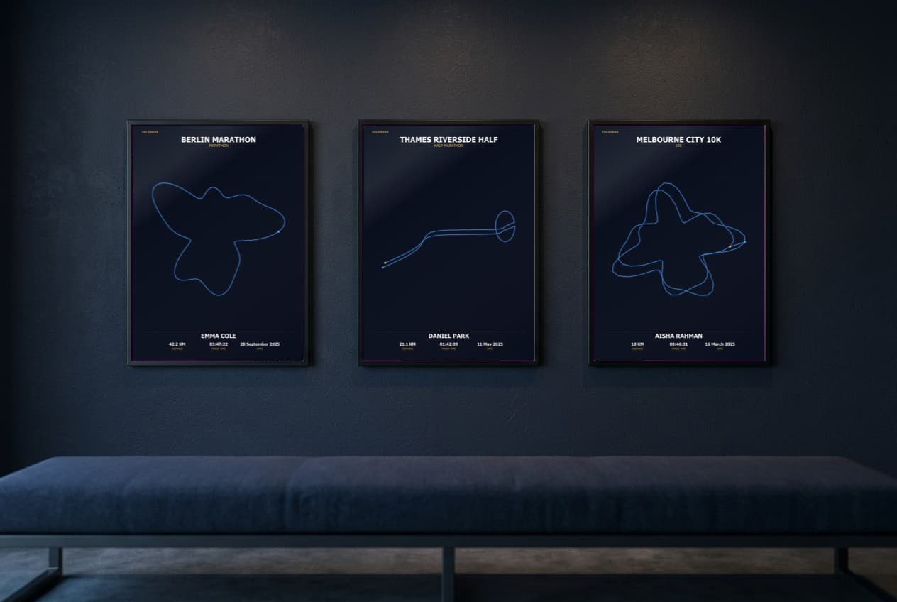 A gallery wall of framed GPS race-route prints from different races