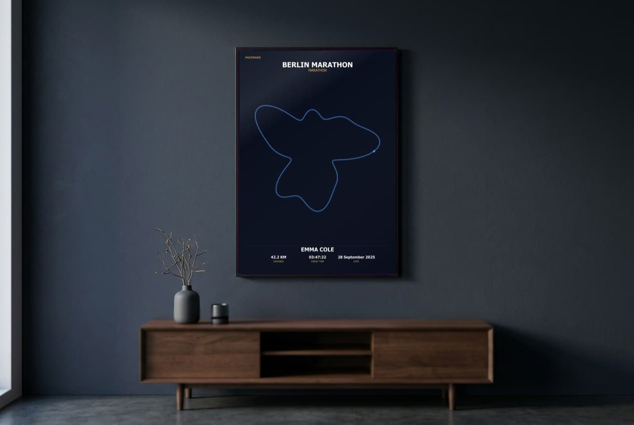 A framed GPS race-route print hanging on a wall